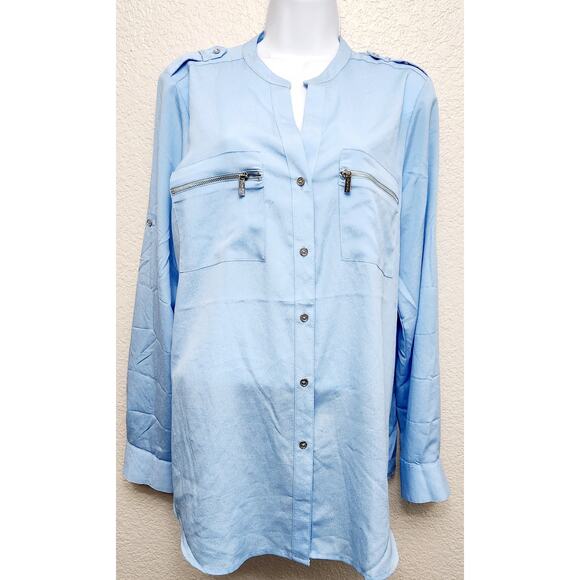 Calvin Klein Blue Zipper Pockets Button Up Top Large Long Roll Tab Sleeves Soft - Picture 1 of 6